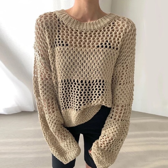 Crochet style sweater net khaki cover up long sleeve - Picture 2 of 4